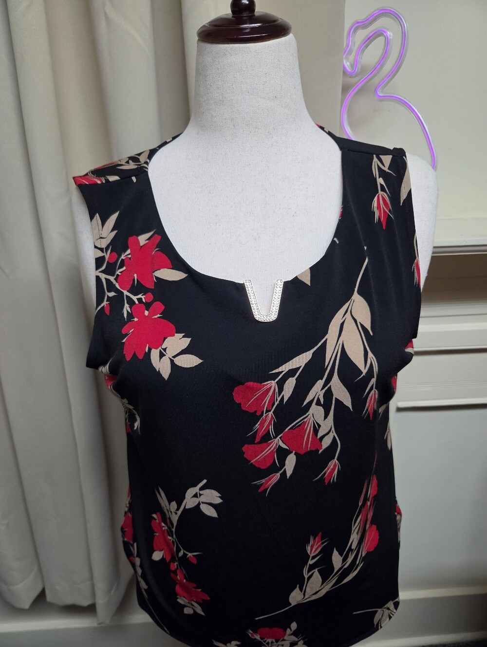 Calvin Klein Black Floral Sleeveless Top with Red & Tan Blooms Size XL